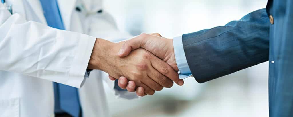 Pharmaceutical sales representative shaking hands with doctor in medical building. Doctor greeting hospital director and manager in private clinic. Banner with copy space.